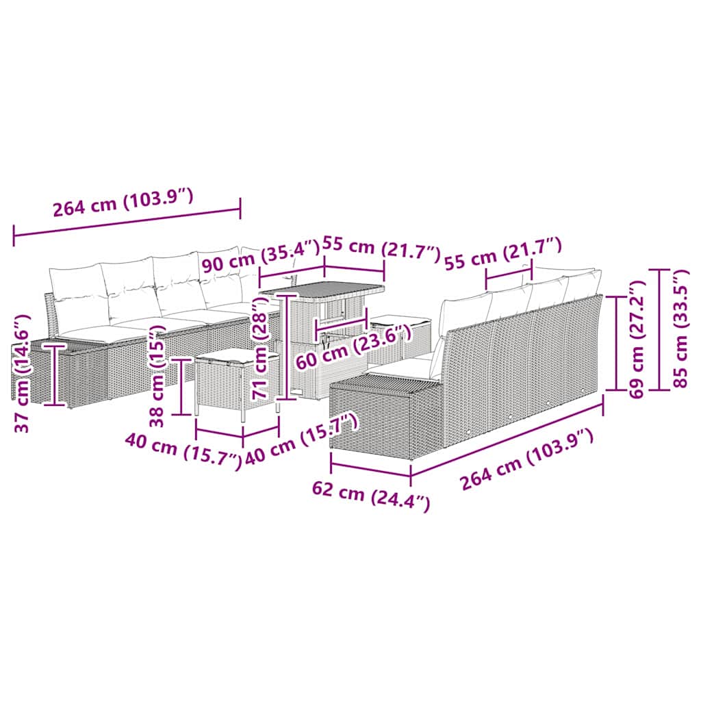 Gartensofa-set mit Kissen 11 pcs Schwarz Poly-Rattan