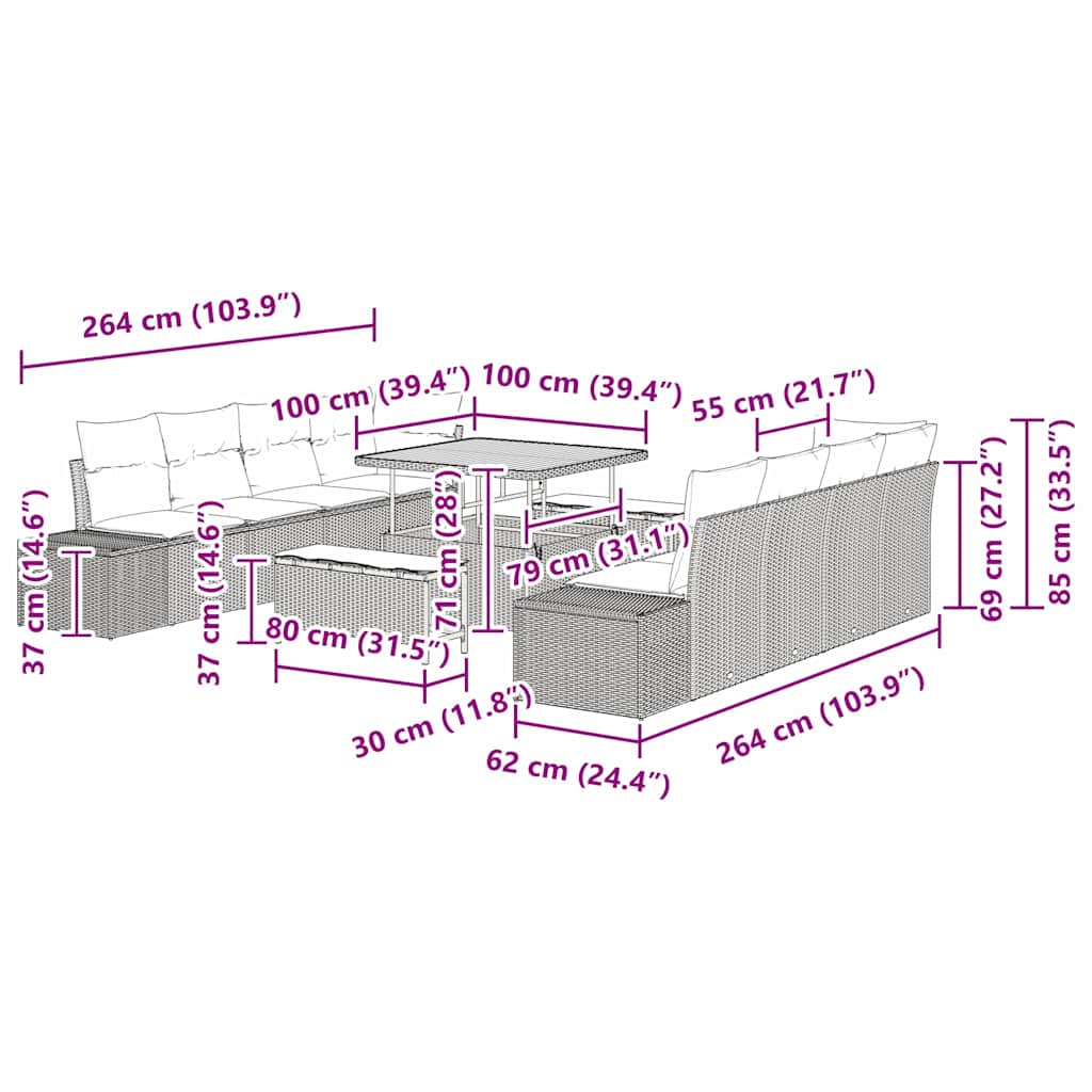 Gartensofa-set mit Kissen 11 pcs Grau Poly-Rattan