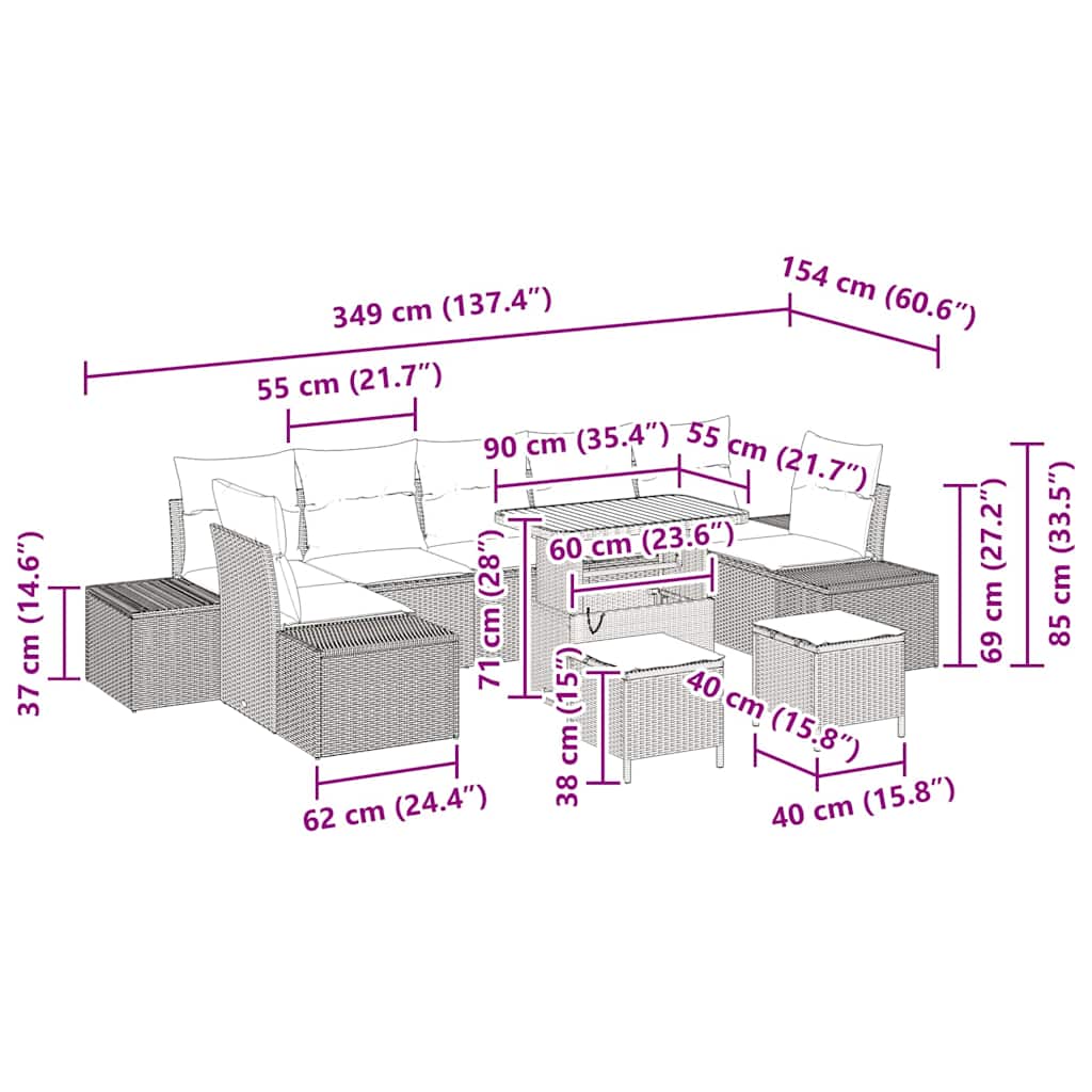 Gartensofa-set mit Kissen 10 pcs Beige Poly-Rattan