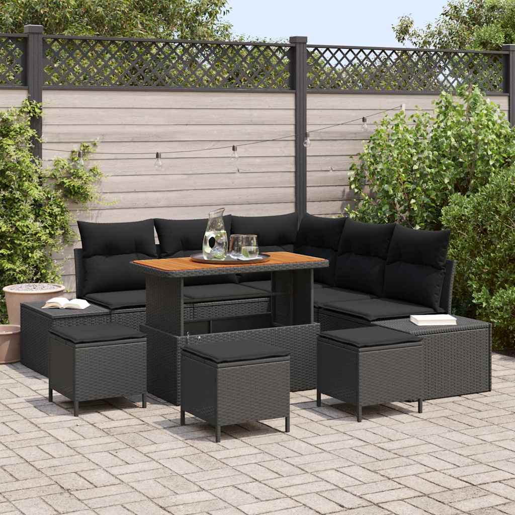 Gartensofa-set mit Kissen 9 pcs Schwarz Poly-Rattan