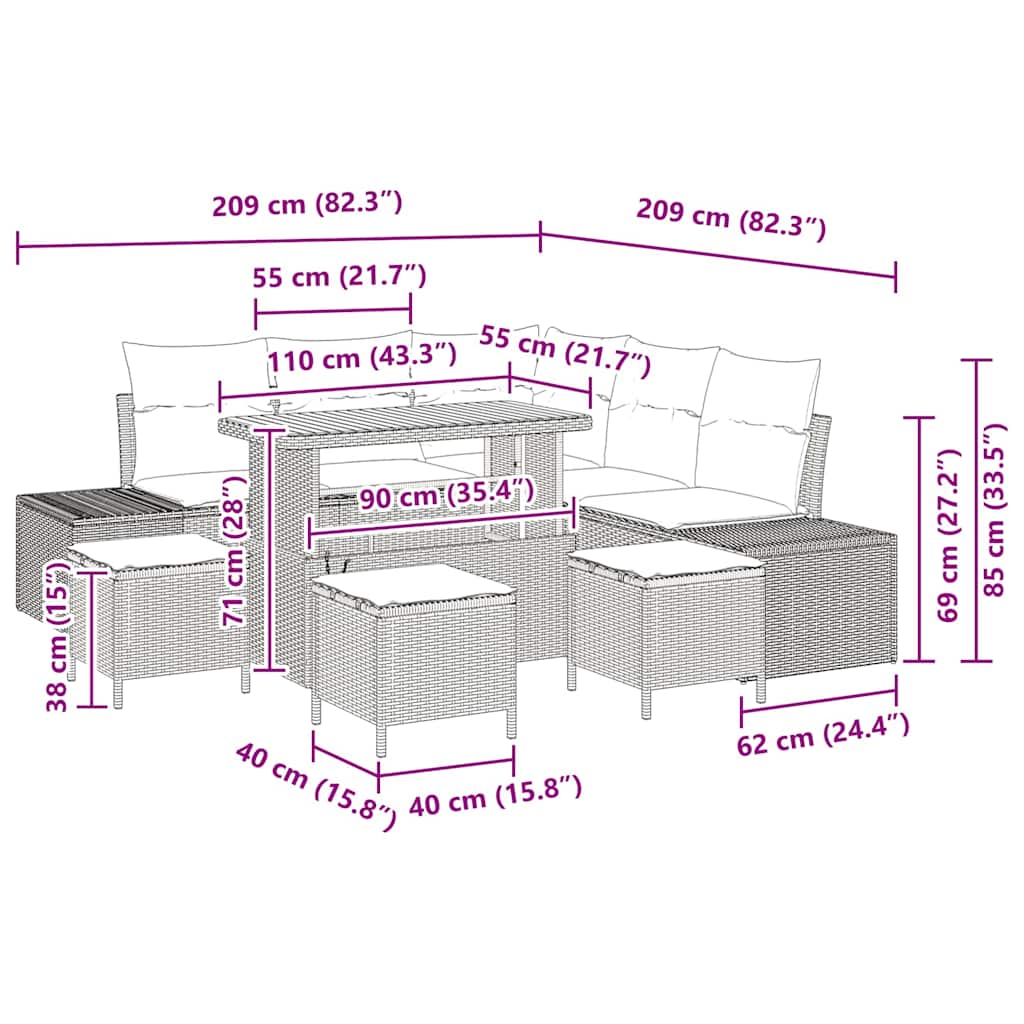Gartensofa-set mit Kissen 9 pcs Schwarz Poly-Rattan