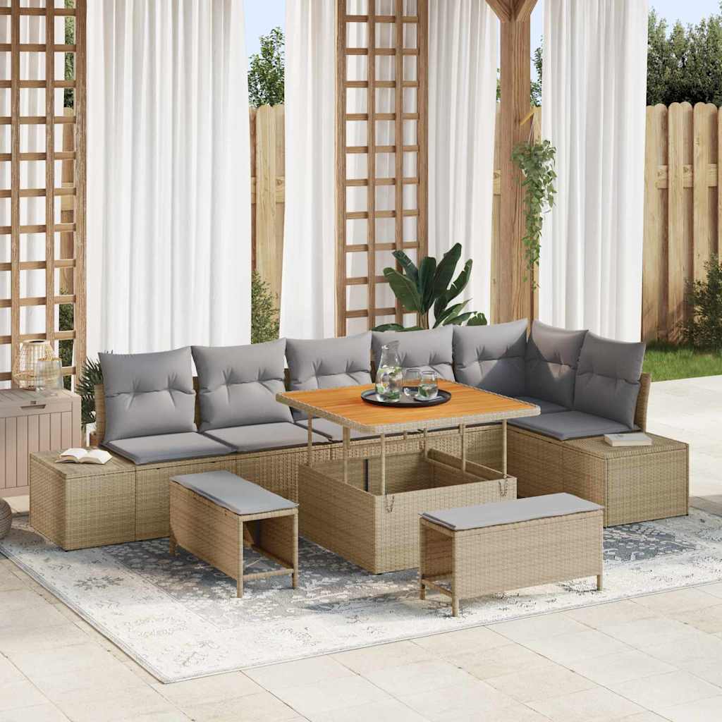 Gartensofa-set mit Kissen 9 pcs Beige Poly-Rattan