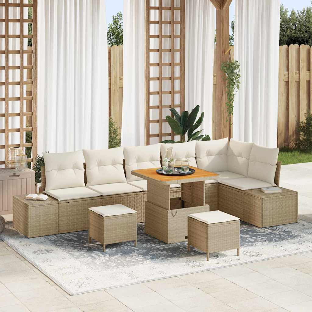 Gartensofa-set mit Kissen 9 pcs Beige Poly-Rattan