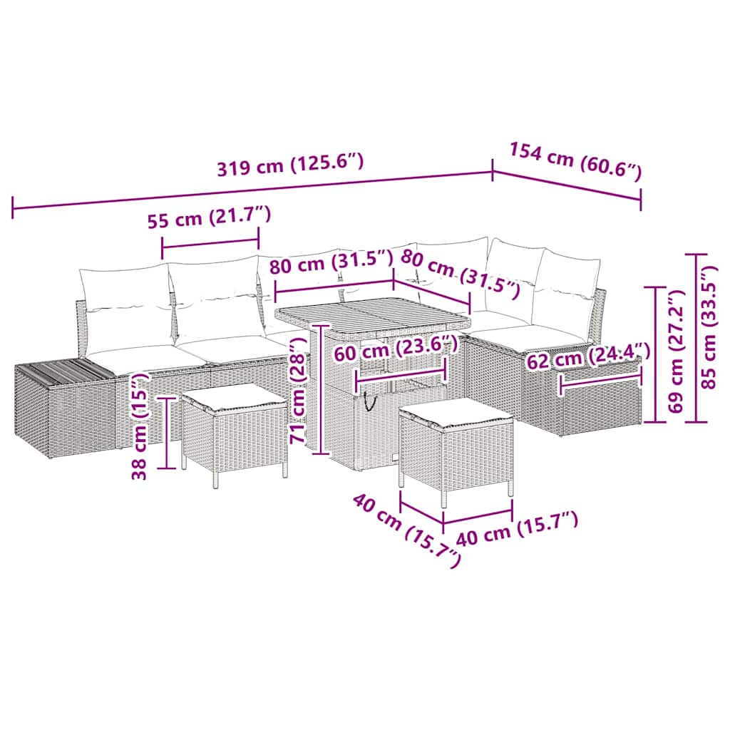 Gartensofa-set mit Kissen 9 pcs Beige Poly-Rattan