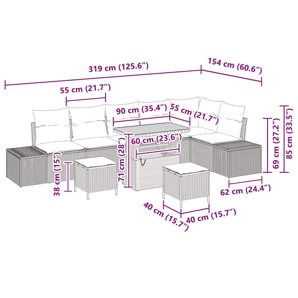 Gartensofa-set mit Kissen 9 pcs Schwarz Poly-Rattan