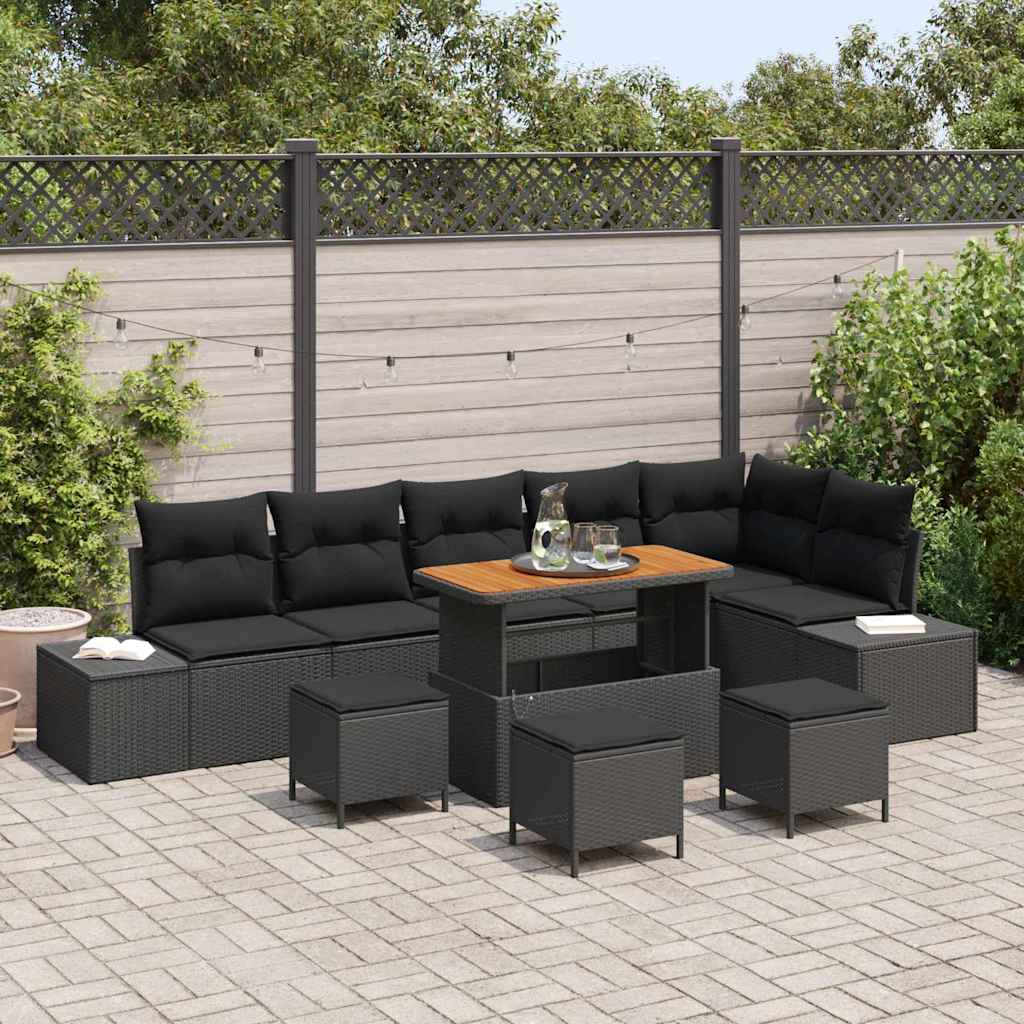 Gartensofa-set mit Kissen 10 pcs Schwarz Poly-Rattan