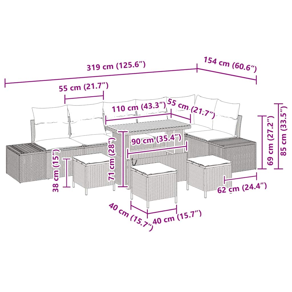 Gartensofa-set mit Kissen 10 pcs Schwarz Poly-Rattan