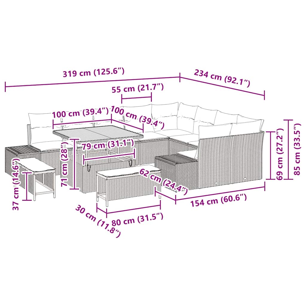 Gartensofa-set mit Kissen 12 pcs Grau Poly-Rattan