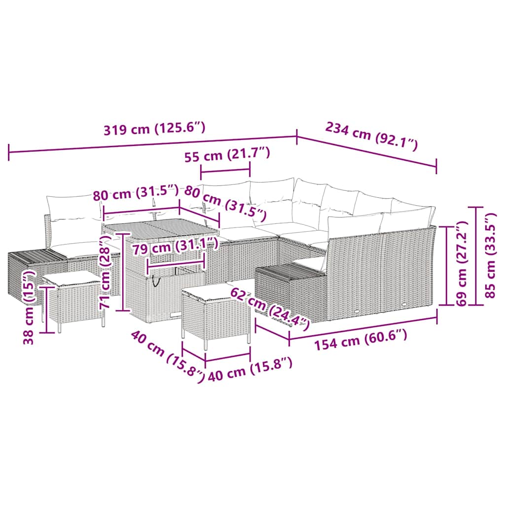 Gartensofa-set mit Kissen 12 pcs Beige Poly-Rattan