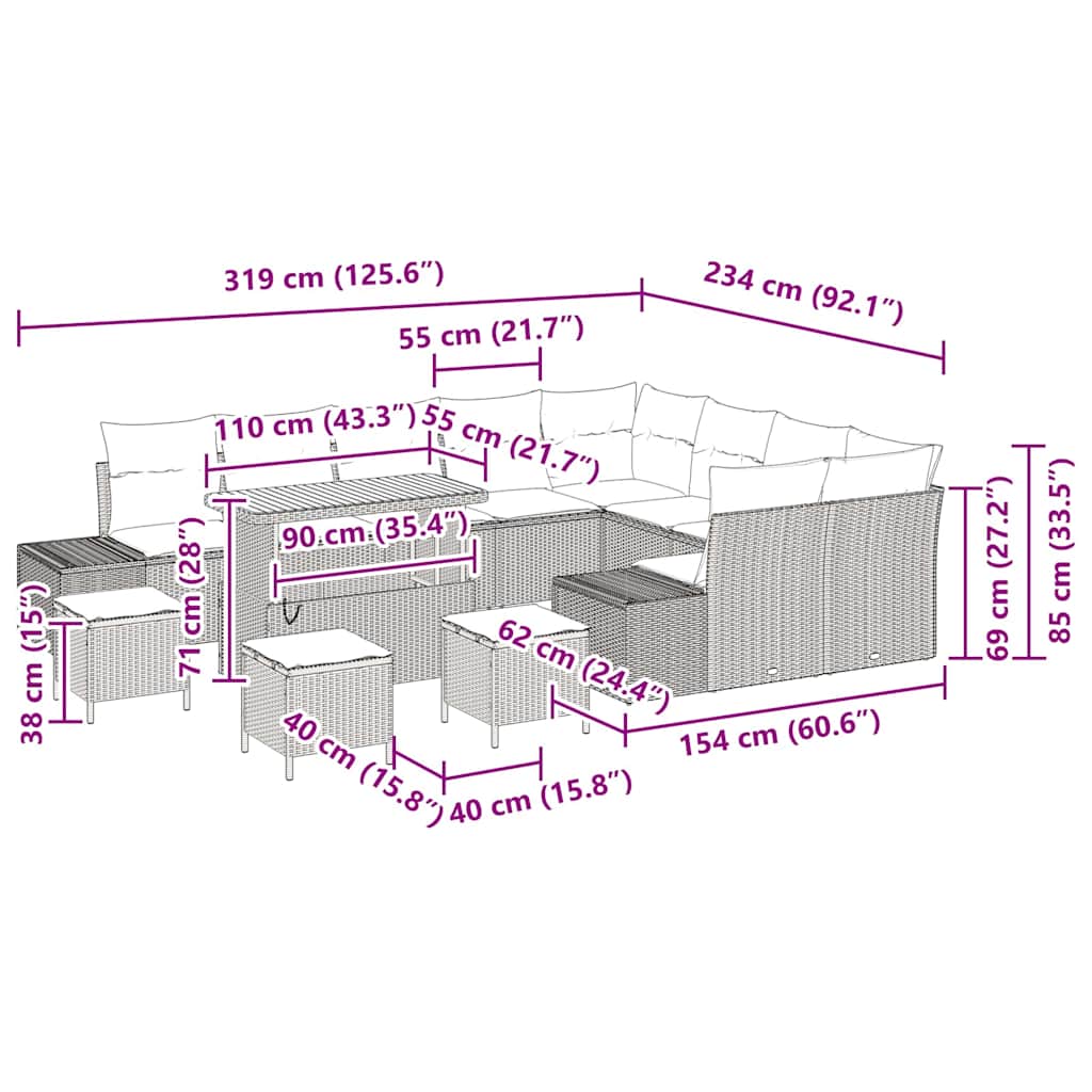 Gartensofa-set mit Kissen 13 pcs Schwarz Poly-Rattan