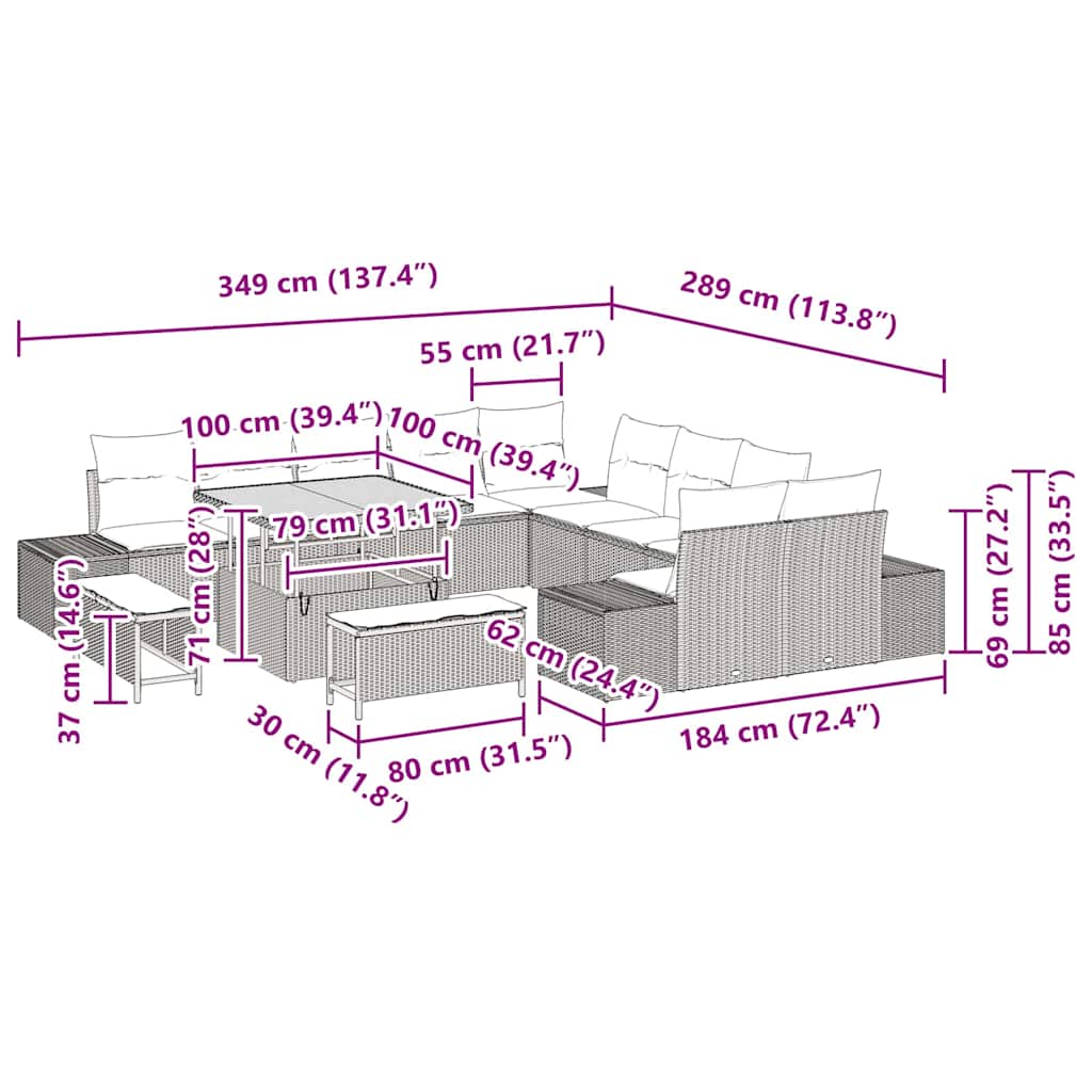 Gartensofa-set mit Kissen 13 pcs Schwarz Poly-Rattan