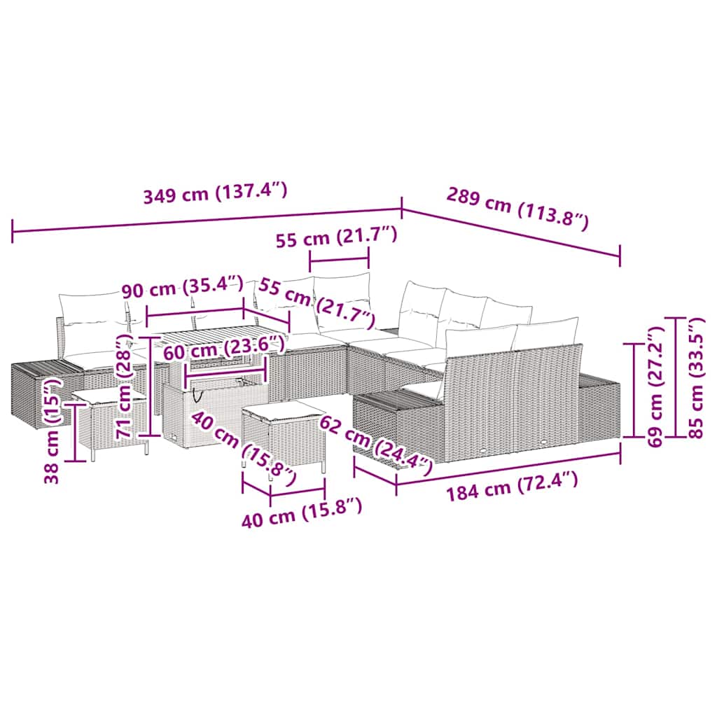 Gartensofa-set mit Kissen 13 pcs Beige Poly-Rattan