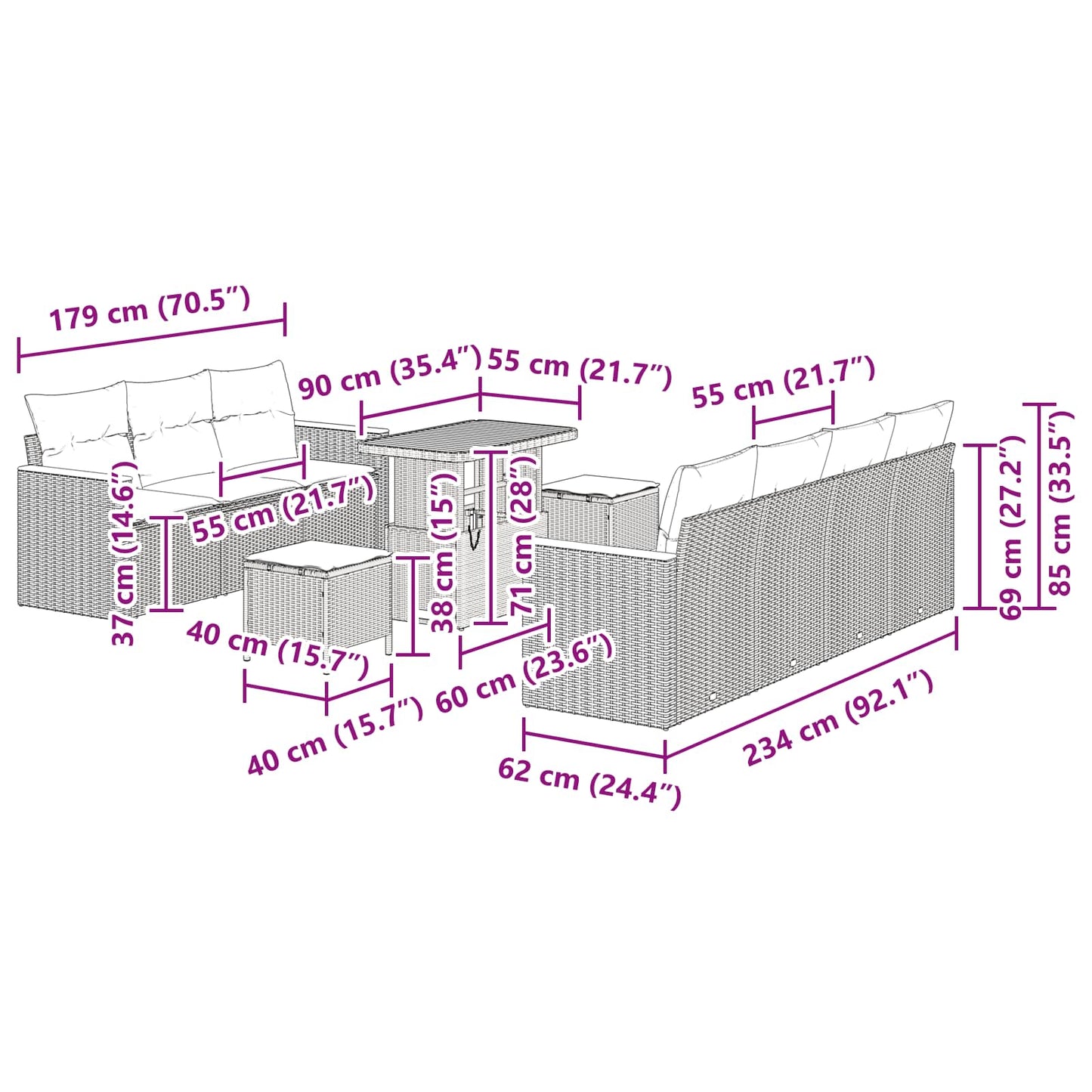 vidaXL Gartensofa-set 10 pcs Schwarz Poly-Rattan