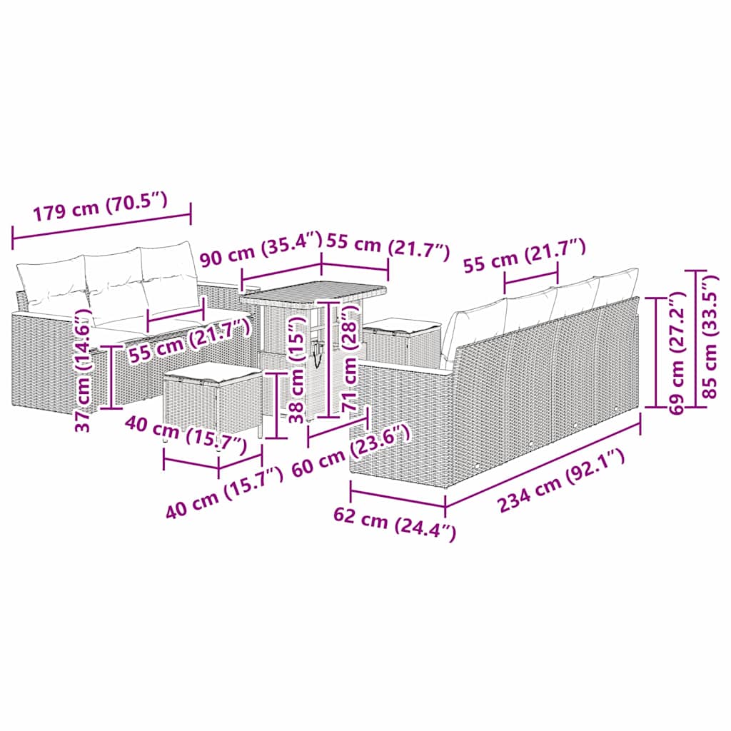 vidaXL Gartensofa-set 10 pcs Grau Poly-Rattan