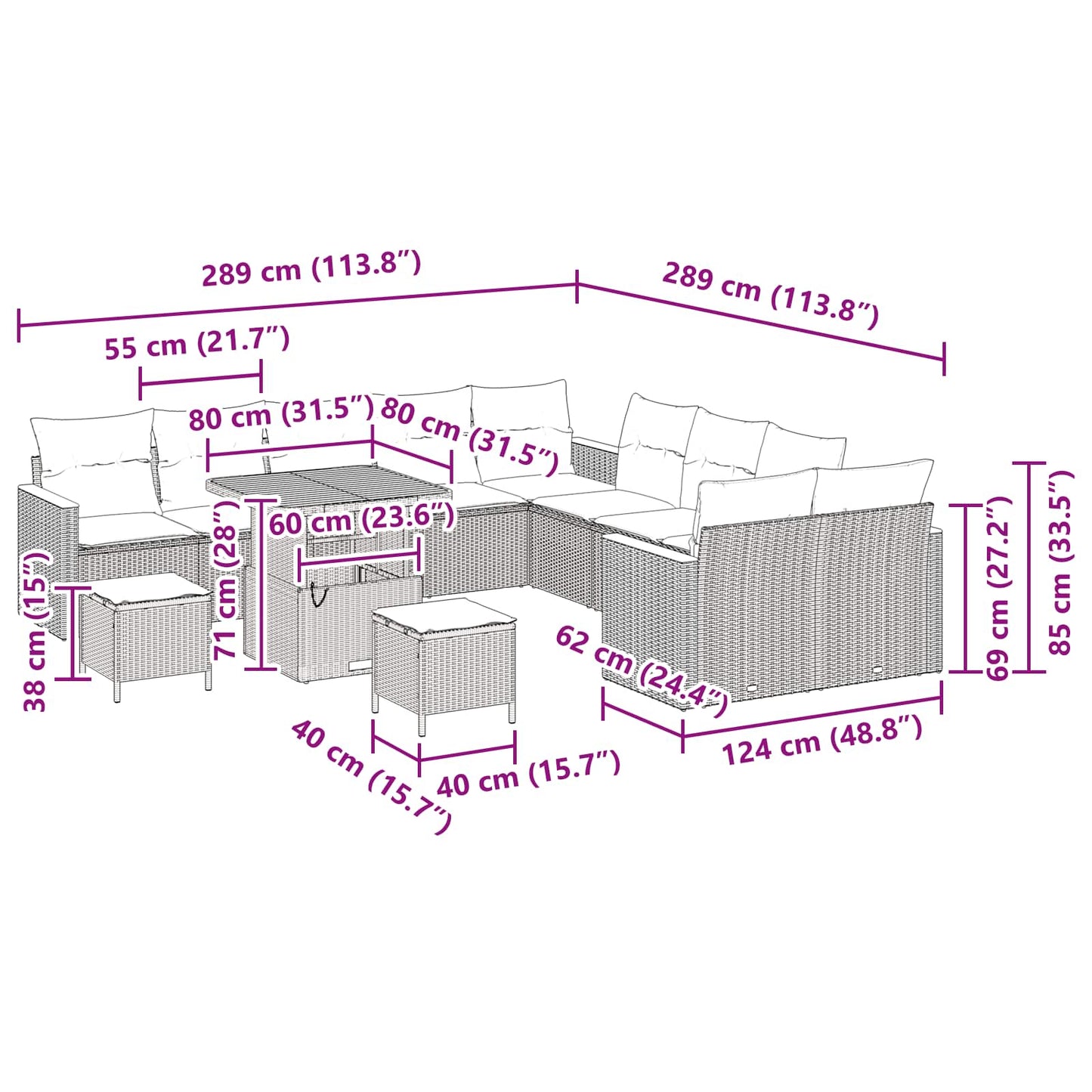 vidaXL Gartensofa-set 13 pcs Schwarz Poly-Rattan