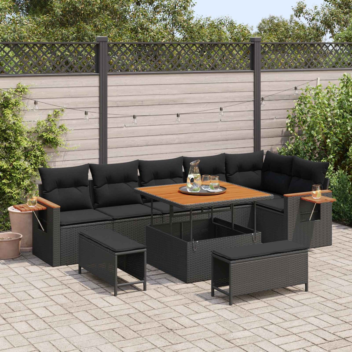 Gartensofa-set mit Kissen 9 pcs Schwarz