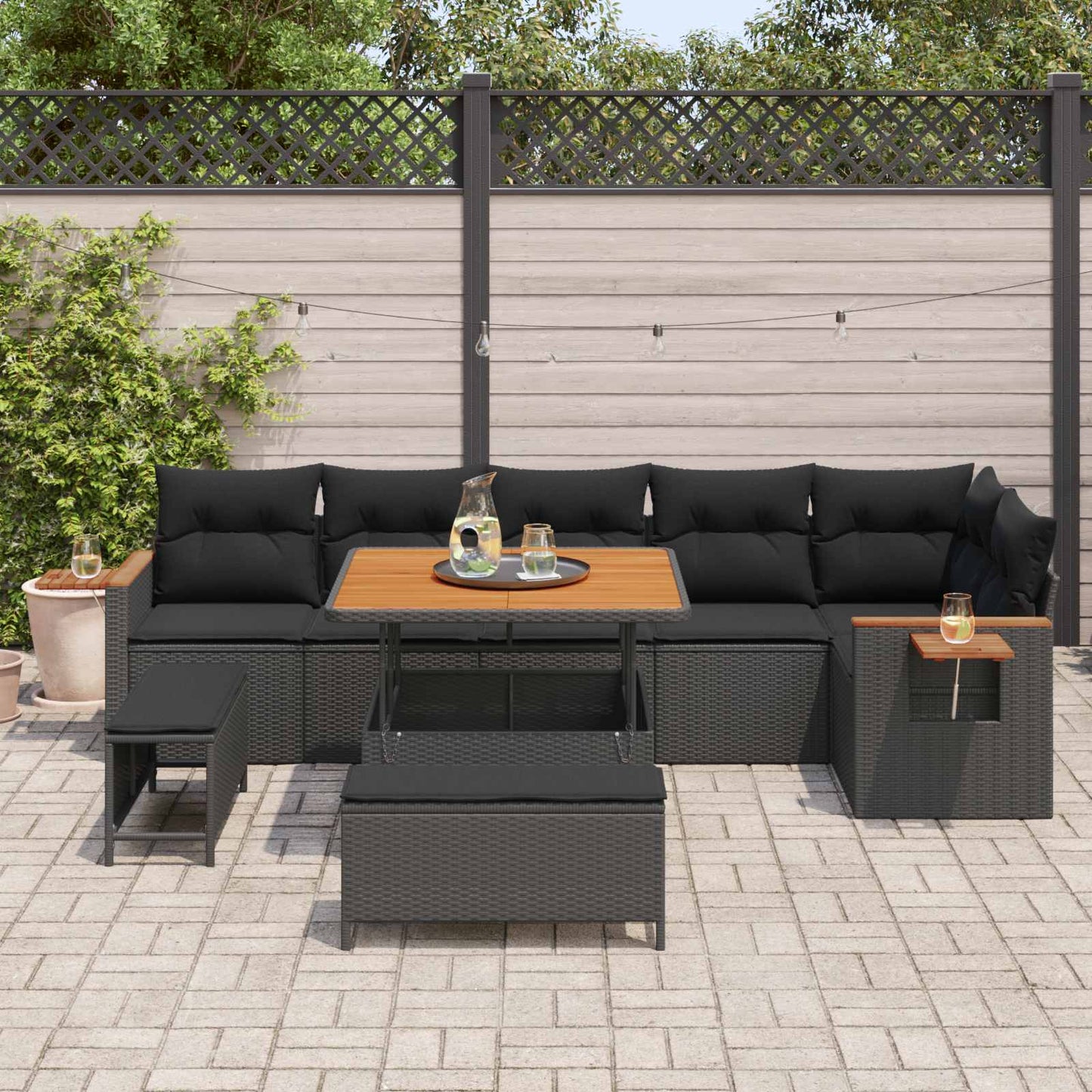 Gartensofa-set mit Kissen 9 pcs Schwarz