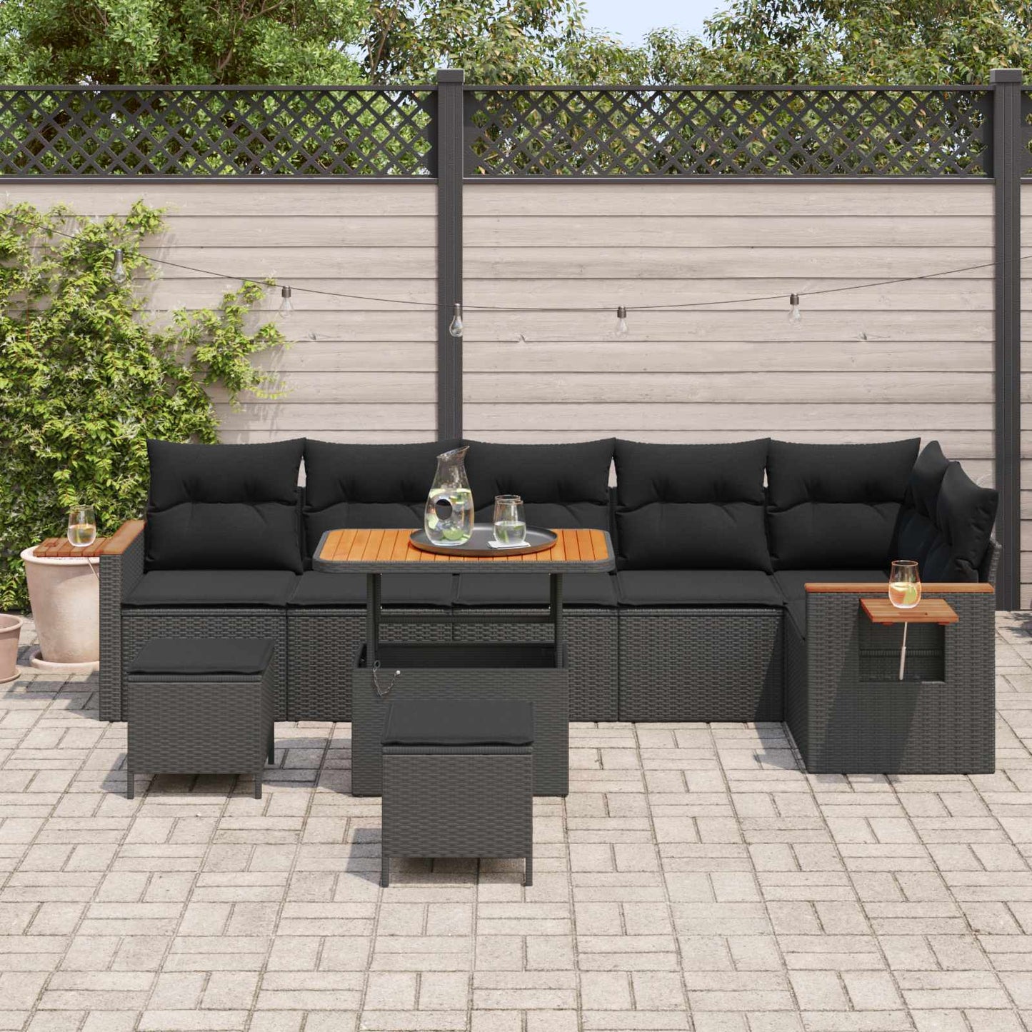Gartensofa-set mit Kissen 9 pcs Schwarz