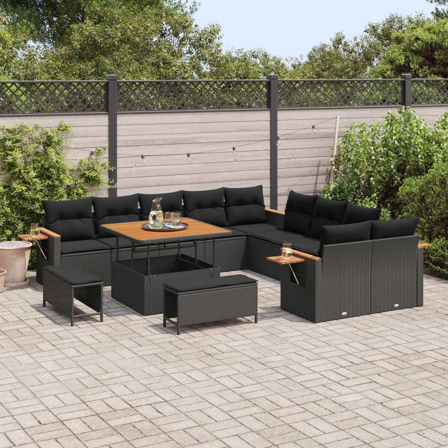 Gartensofa-set mit Kissen 13 pcs Schwarz