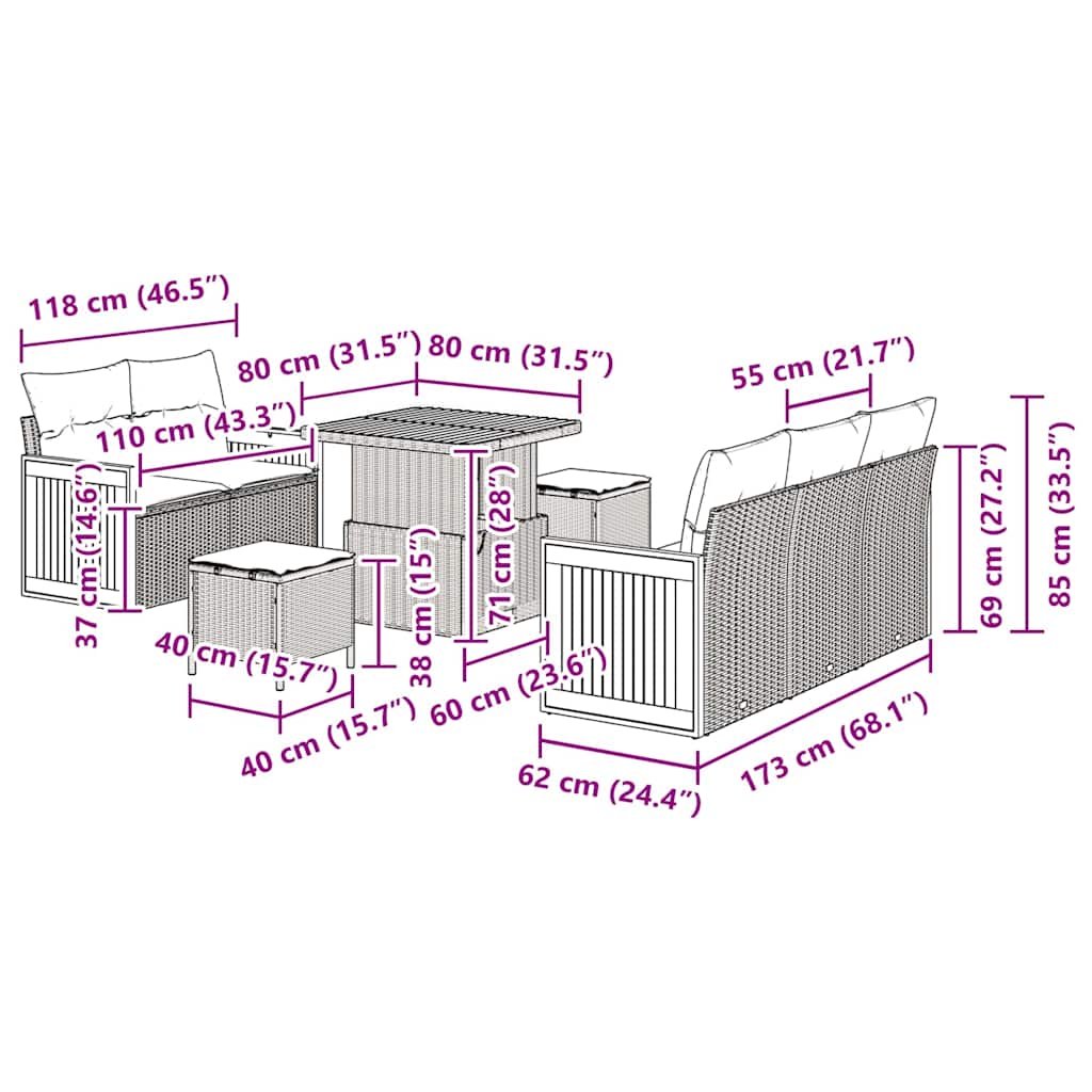 vidaXL Gartensofa-set mit Kissen 8 pcs Schwarz