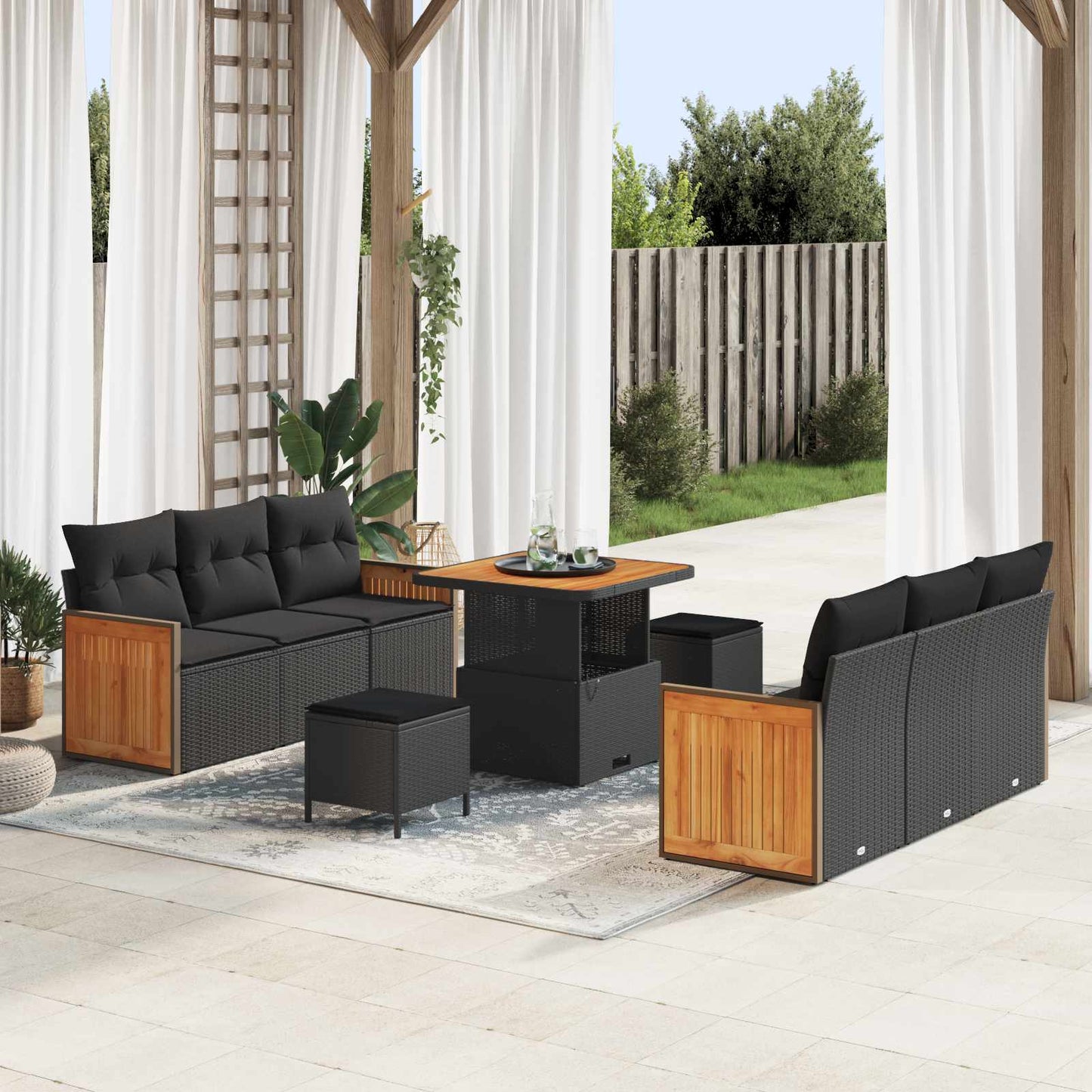 Gartensofa-set mit Kissen 9 pcs Schwarz