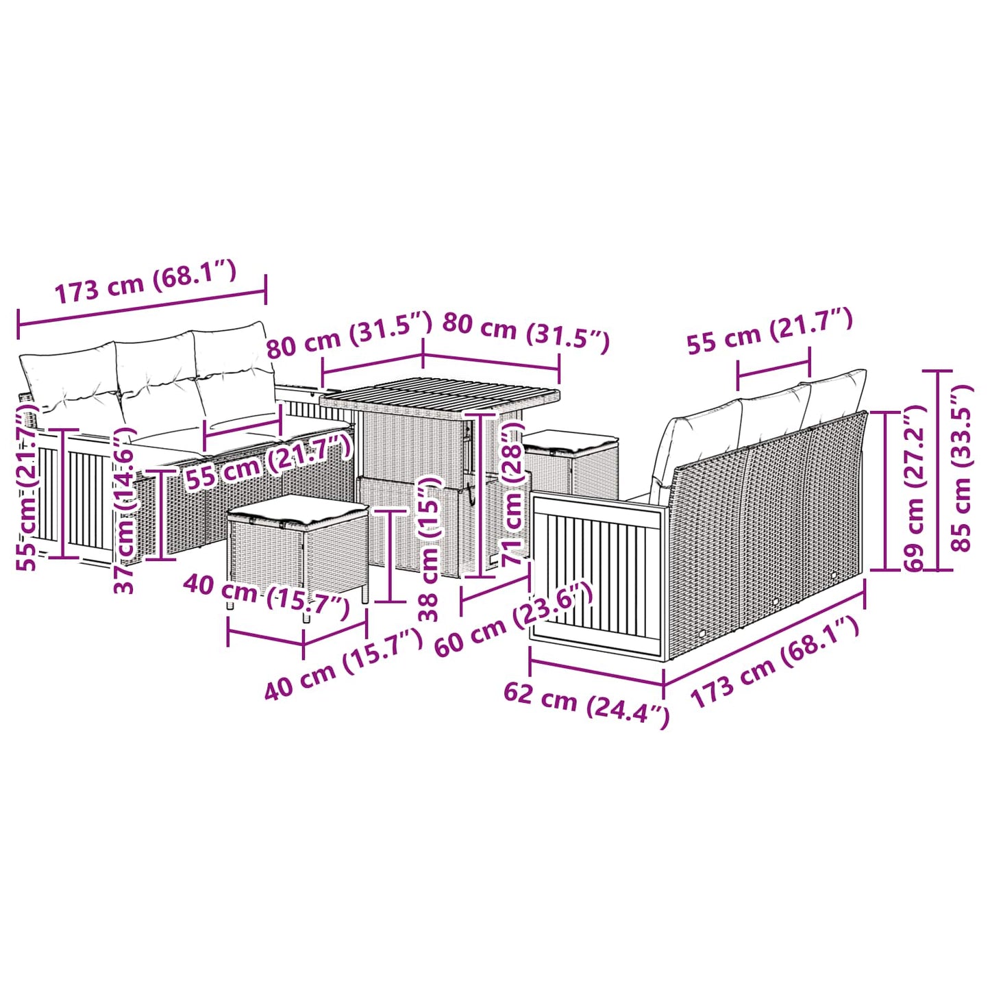 Gartensofa-set mit Kissen 9 pcs Schwarz