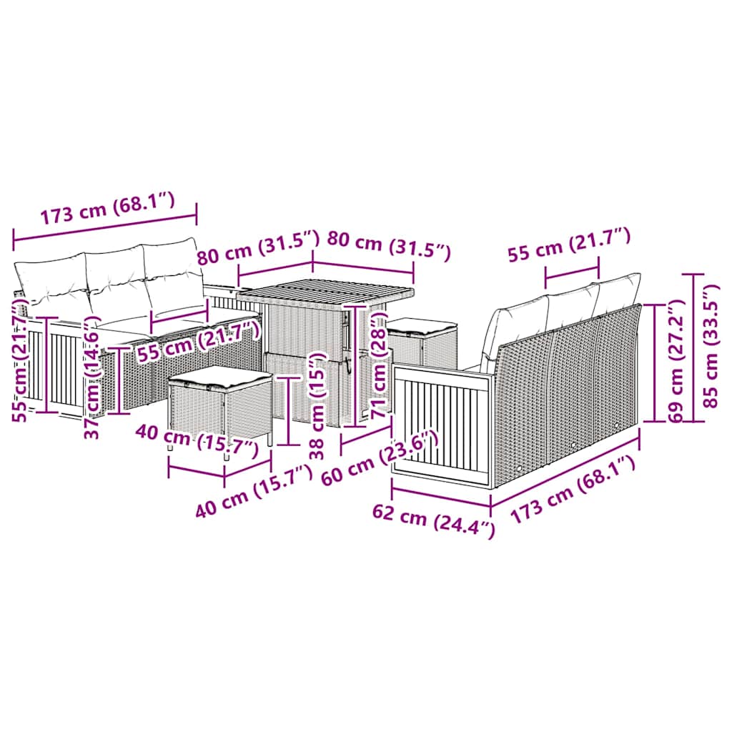 Gartensofa-set mit Kissen 9 pcs Grau