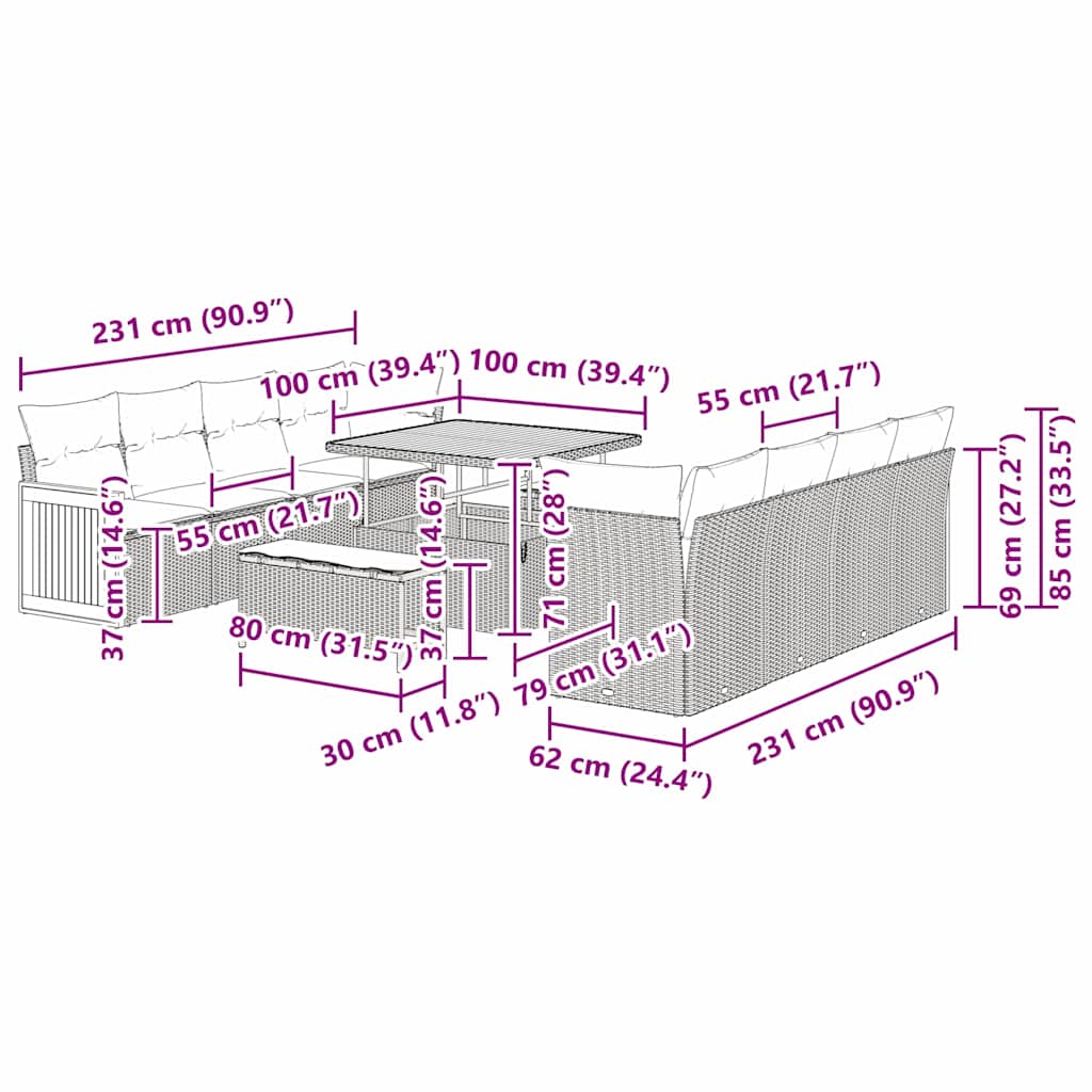 vidaXL Gartensofa-set mit Kissen 11 pcs Grau