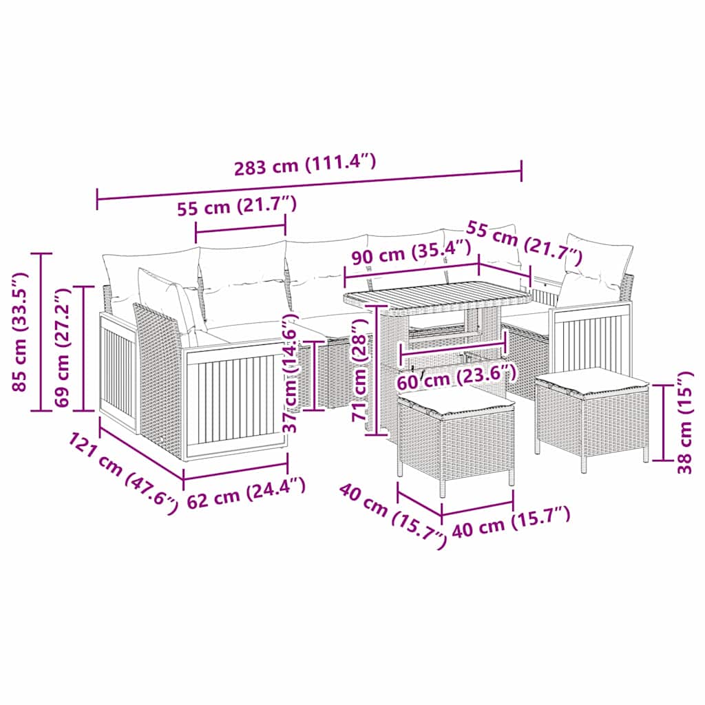 Gartensofa-set mit Kissen 10 pcs Beige und Hellgrau
