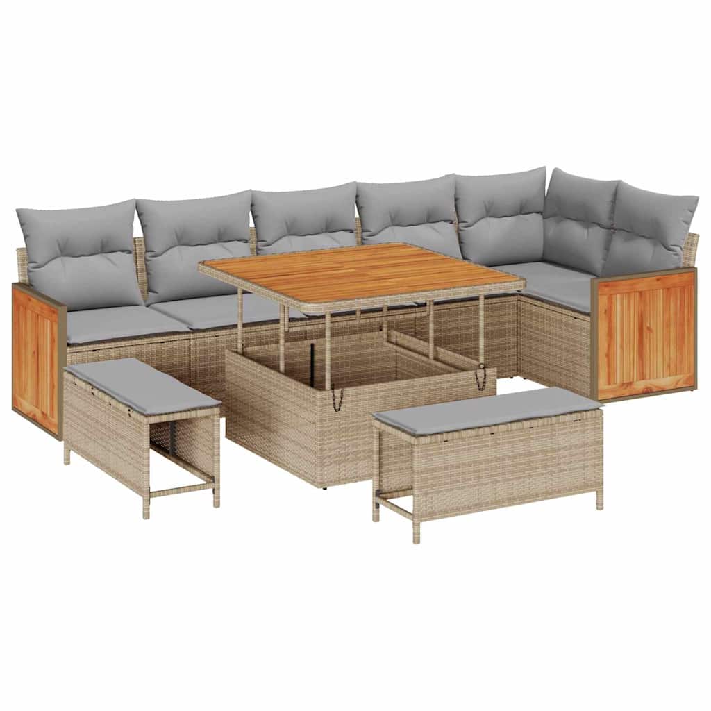 Gartensofa-set mit Kissen 9 pcs Beige und Hellgrau