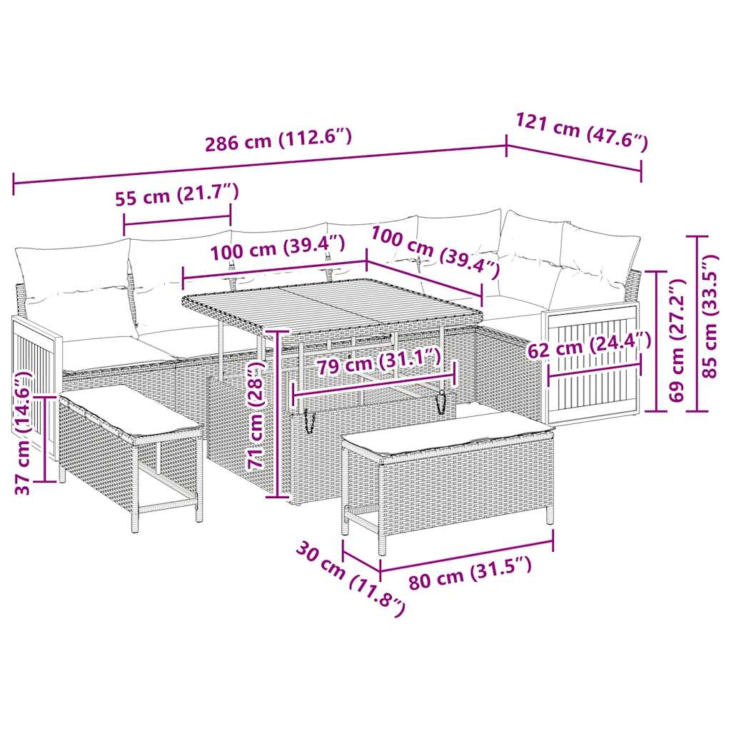 Gartensofa-set mit Kissen 9 pcs Beige und Hellgrau