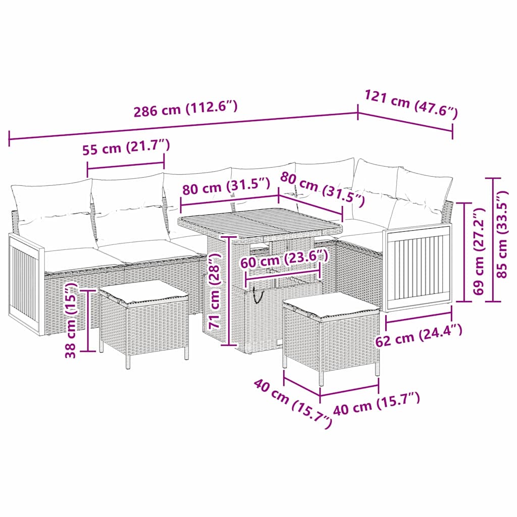 Gartensofa-set mit Kissen 9 pcs Grau