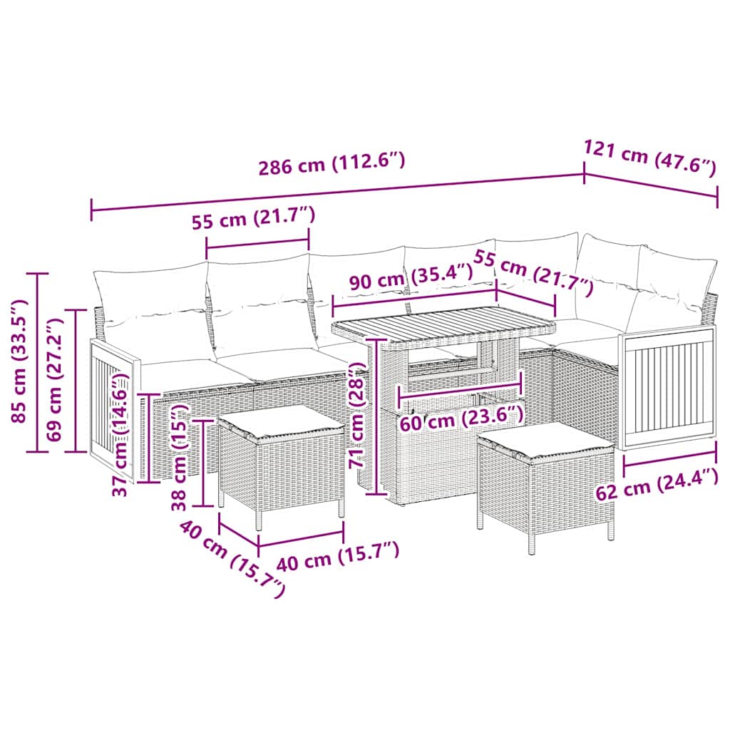Gartensofa-set mit Kissen 9 pcs Grau
