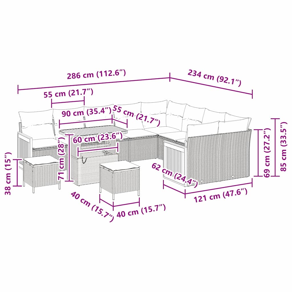 Gartensofa-set mit Kissen 12 pcs Schwarz