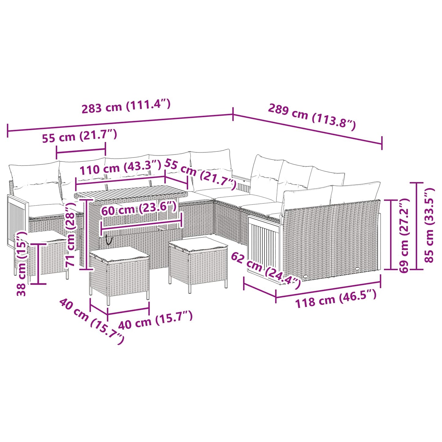 Gartensofa-set mit Kissen 14 pcs Schwarz