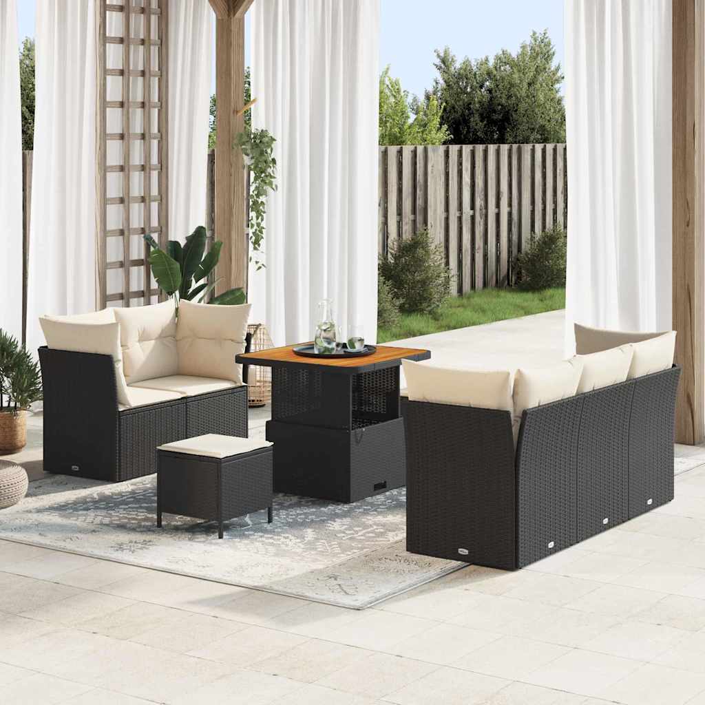 Gartensofa-set mit Kissen 8 pcs Schwarz und Creme Poly-Rattan