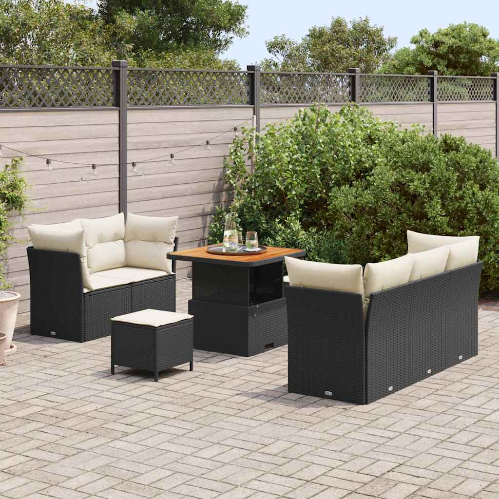Gartensofa-set mit Kissen 8 pcs Schwarz und Creme Poly-Rattan