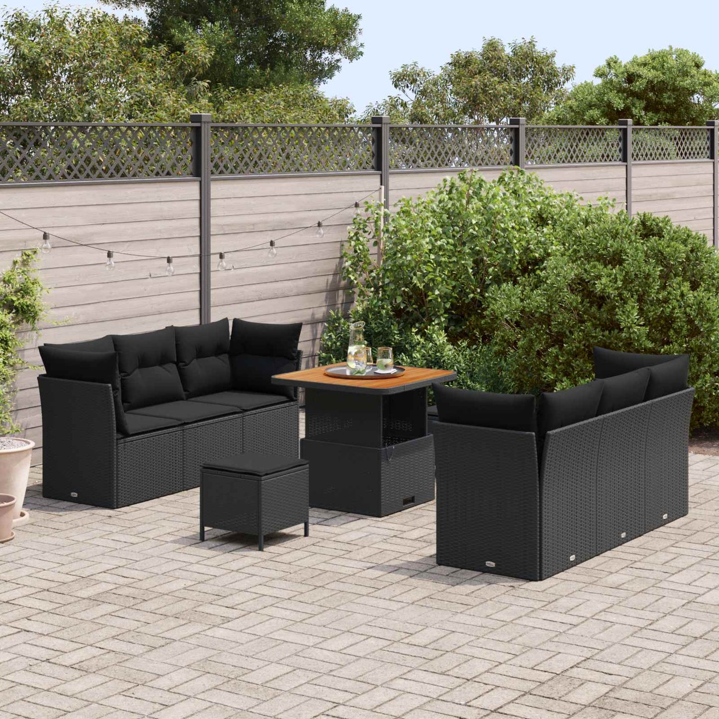 Gartensofa-set mit Kissen 9 pcs Schwarz Poly-Rattan