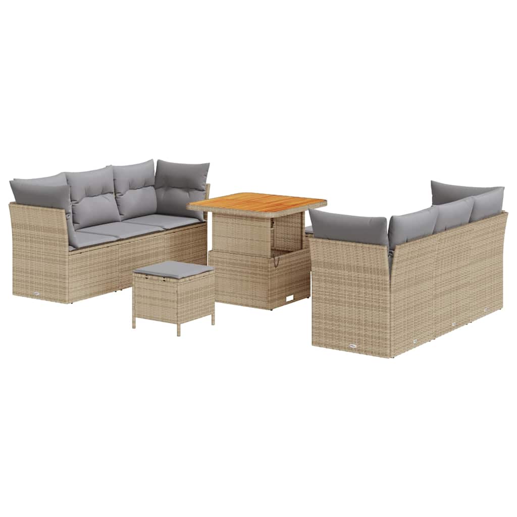Gartensofa-set mit Kissen 9 pcs Beige und Hellgrau Poly-Rattan