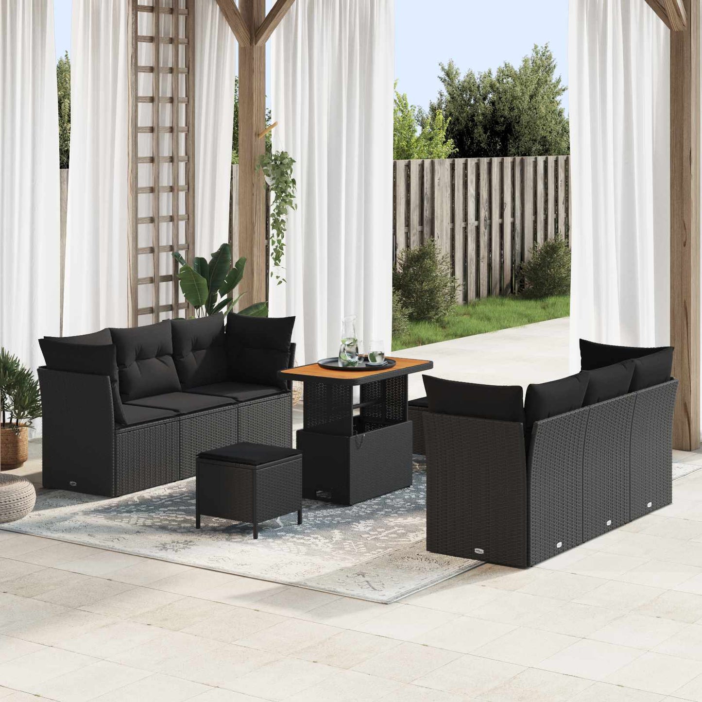 Gartensofa-set mit Kissen 9 pcs Schwarz Poly-Rattan