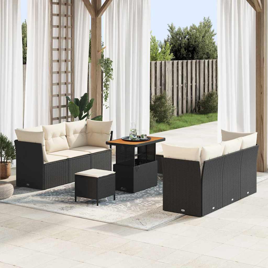 Gartensofa-set mit Kissen 9 pcs Schwarz und Creme Poly-Rattan