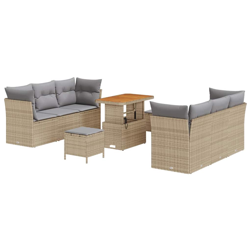 Gartensofa-set mit Kissen 9 pcs Beige und Hellgrau Poly-Rattan