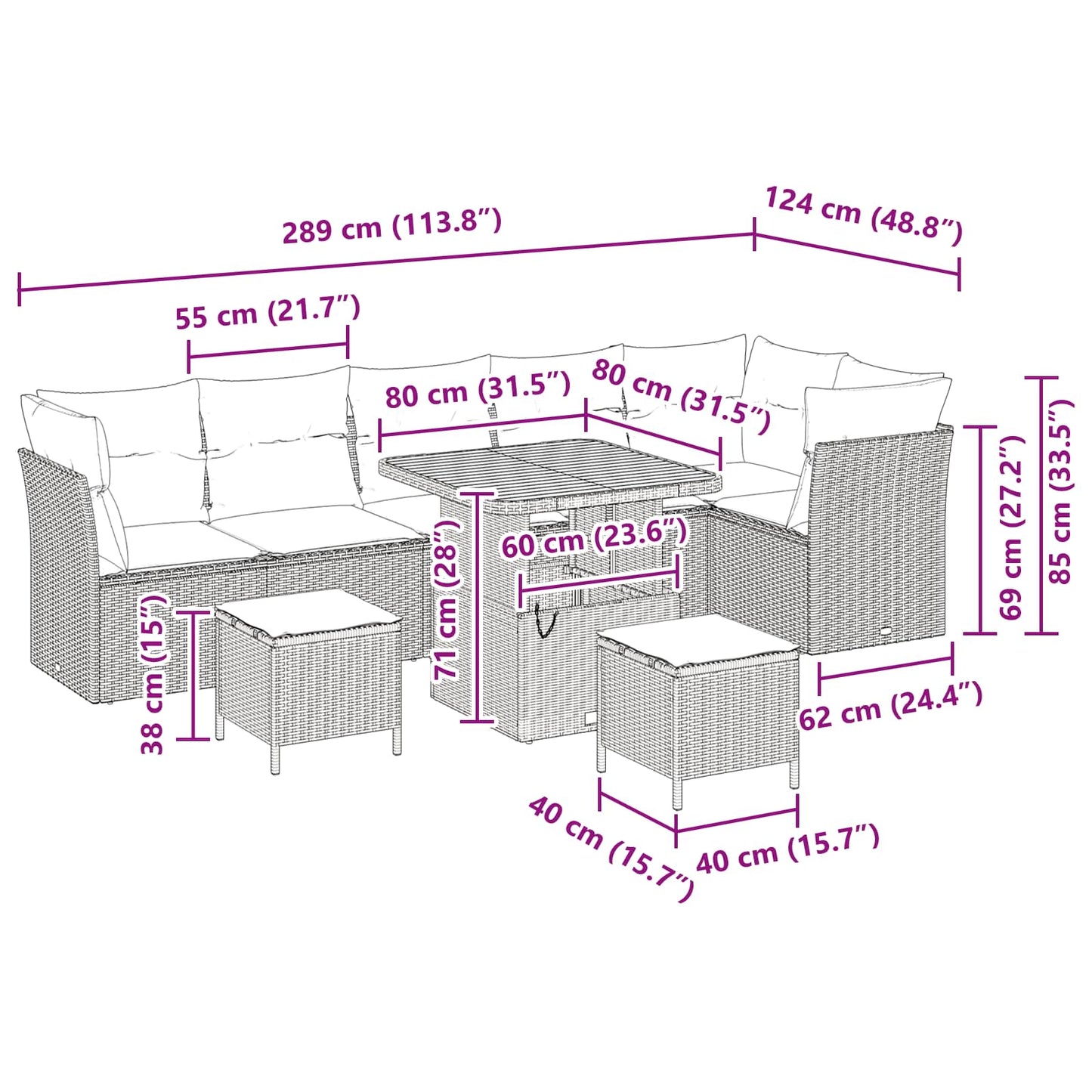 vidaXL Garten-Sofa-Set mit Kissen mit Speicher 9 pcs Schwarz