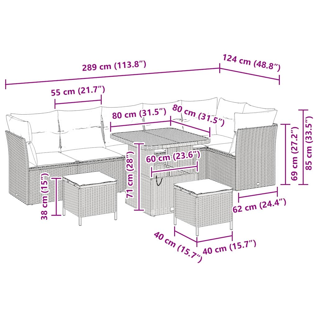 vidaXL Garten-Sofa-Set 9 pcs Beige und Hellgrau 80 x 80 x 71 cm