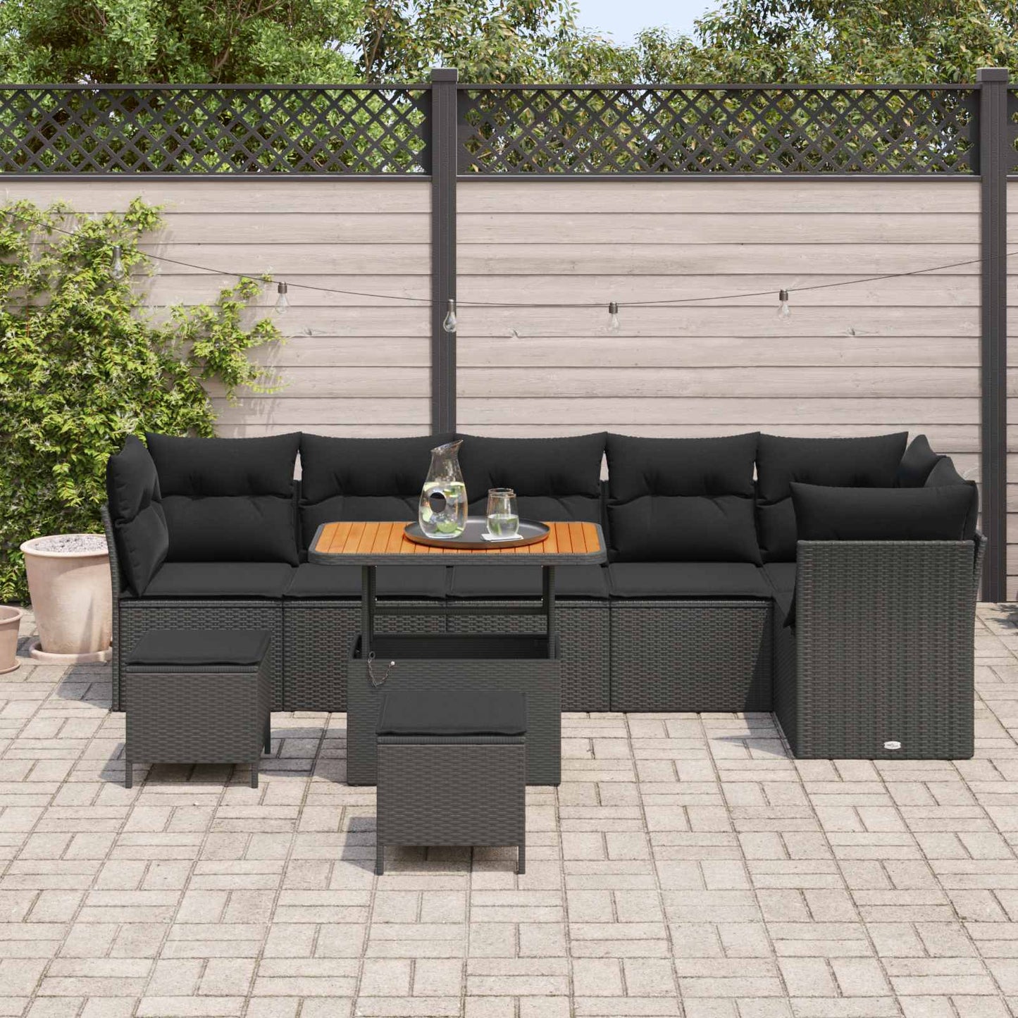 vidaXL Garten-Sofa-Set mit Kissen 9 pcs Schwarz 90 x 55 x 71 cm