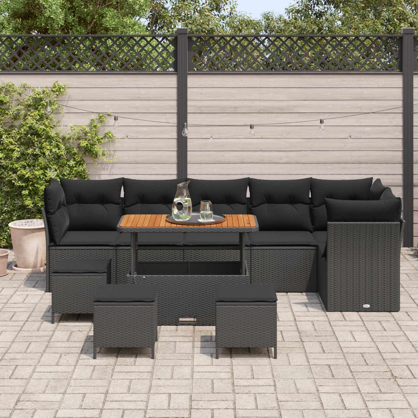 vidaXL Garten-Sofa-Set mit Kissen mit Speicher 10 pcs Schwarz