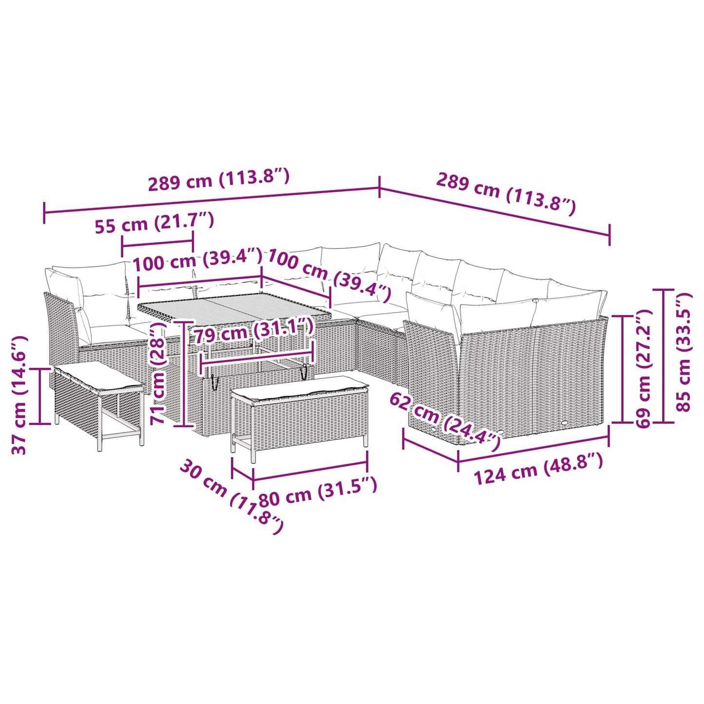 vidaXL Gartensofa-set mit Kissen 13 pcs Schwarz Poly-Rattan