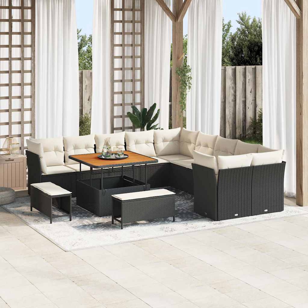 vidaXL Gartensofa-set mit Kissen 13 pcs Schwarz und Creme Poly-Rattan