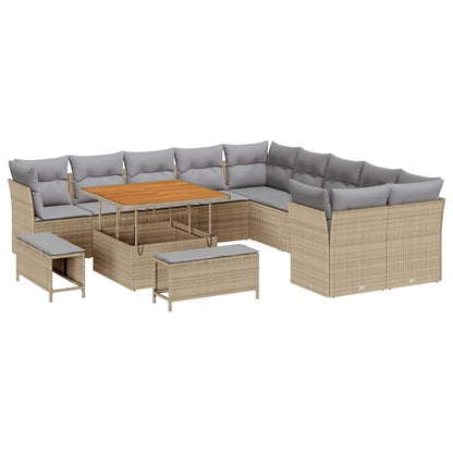 Gartensofa-set mit Kissen 13 pcs Beige und Hellgrau Poly-Rattan