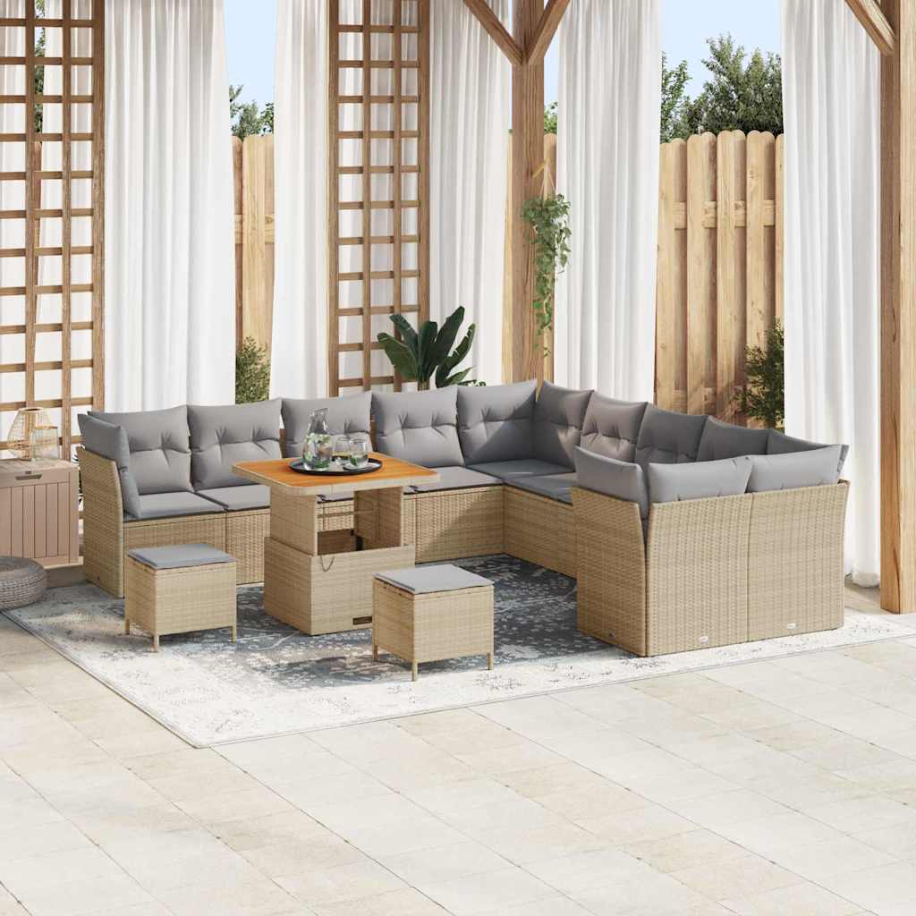 Gartensofa-set mit Kissen 13 pcs Beige und Hellgrau Poly-Rattan